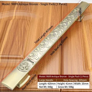 Detail of European antique bronze door handle with floral relief on wood door