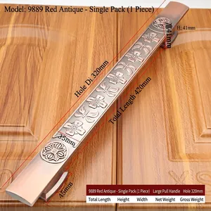 Detailed specs of antique copper door handle model 9889 with dimensions and floral relief
