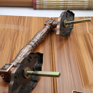Detail view of European antique copper door handle with exquisite embossed floral carvings
