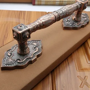 Close-up of antique bronze door handle with intricate European embossed patterns