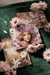 Papel retro de scrapbooking floral 3D con mariposas y retrato de niña sobre terciopelo