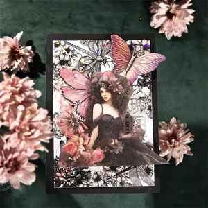 Pegatina gótica de chica floral con alas de mariposa en terciopelo para diario creativo