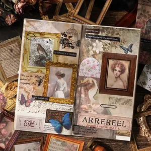 Vintage Sticker Set für Scrapbooking mit Retro-Tickets Rahmen und floralen Motiven