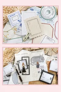 Macro detail of vintage hollow paper butterfly and film frame stickers for DIY journaling