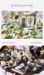Dettaglio di 50 adesivi vintage unici con fiori e ritratti per decorazione scrapbooking