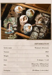 Detail view of Reading Time PET tape with girl and coffee illustrations on wooden background