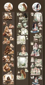 Detail of 60mm watercolor washi tape featuring girls reading and coffee themes