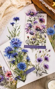 Dettaglio di adesivi floreali in PET trasparente con 20 motivi floreali per scrapbooking