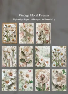 Macro view of vintage floral scrapbooking paper with botanical illustrations on light paper