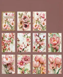 Macro detail of vintage pink floral scrapbooking paper with 10 romantic garden designs