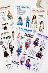 Dettaglio del set da 4 adesivi per nastro washi a tema Girls Magazine con illustrazioni