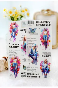 Dettaglio di adesivi fai-da-te per scrapbooking con ragazze alla moda e fiori