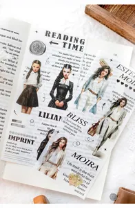 Vista dettagliata di adesivi PET con ragazze vintage su sfondo di libro retrò