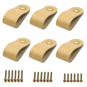 Set of 6 light brown leather drawer pulls with brass knobs and 18 mounting screws