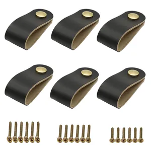 6-piece black leather drawer pulls with brass knobs and 18 matching mounting screws