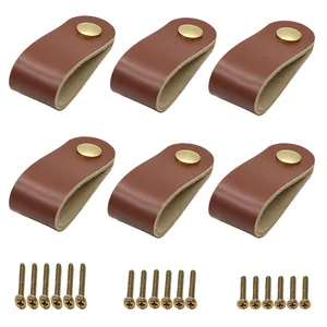 Brown leather drawer pulls with brass knobs and mounting screws set for cabinets