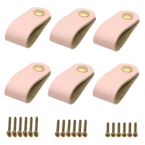 Pink leather drawer pulls with brass knobs and mounting screws set for cabinets