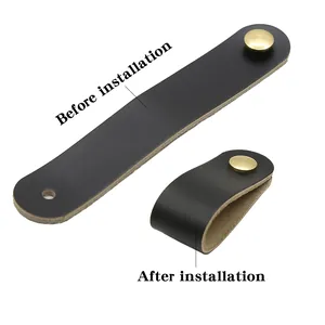 Detail of black leather drawer pull with brass button before and after installation