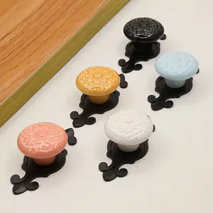 Detailed macro view of vintage ceramic knobs with floral relief and black metal bases