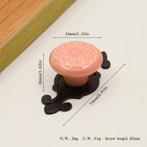 Pink floral ceramic knob with black zinc alloy base and detailed size specifications