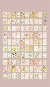 Detailed grid showing 100 assorted vintage floral washi paper stickers for journaling