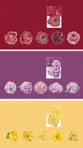 Detail of PET floral stickers with gold laser borders featuring peony and rose patterns