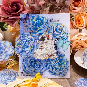 Vintage floral sticker set with blue roses and girl illustration for journaling decoration