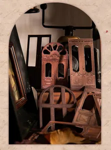 Detailed view of vintage hollow-out paper featuring retro window and door designs