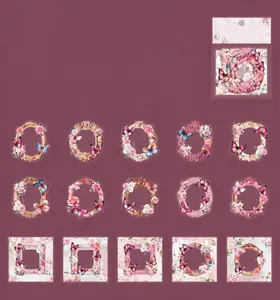 Detailed specs of vintage butterfly PET stickers with floral frame designs in 15 styles
