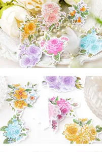 Detail showing semi-transparent floral PET stickers with intricate die-cut flower patterns