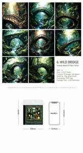 Detailed size comparison of vintage forest bridge scrapbooking paper pack showing 40 sheets