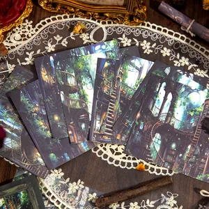 Retro fantasy themed decorative card set with forest house and library illustrations