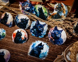 Artistic dark cat PET stickers with watercolor floral and moonlit starry night motifs