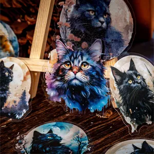 Artistic dark cat PET stickers with moon and star patterns for scrapbooking decor