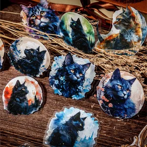 Vintage Moon Night Cat PET stickers for scrapbooking with watercolor cat illustrations