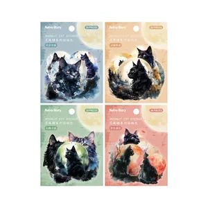 Dark cat illustration PET sticker set with moonlit night themes in four colors