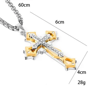 Tweekleurige roestvrijstalen kruis ketting met strassteentjes aan een 60 cm blokketting