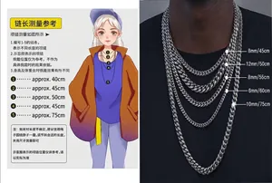 Size chart for stainless steel Cuban link necklaces showing lengths from 40cm to 75cm
