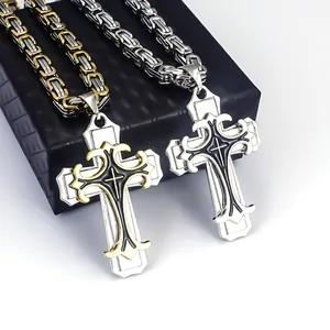 Gothic double-layer stainless steel cross pendant necklace with Byzantine chain