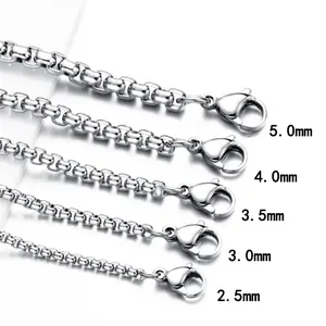 Vergleich von silbernen Edelstahl-Boxketten in 2,5mm bis 5,0mm Breite mit Karabinerverschluss