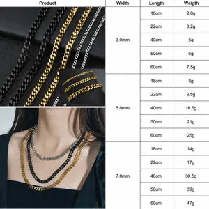 Detailed size chart for 18k gold plated stainless steel Cuban link chains and bracelets
