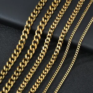 Close-up of golden Cuban link chains in five different widths on a black textured surface