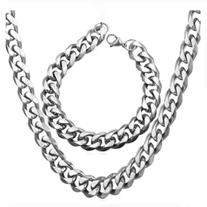 Polished 18k gold plated stainless steel chunky Cuban link chain necklace and bracelet set