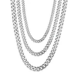 Polished silver triple layered curb chain necklace set with tiered stainless steel links