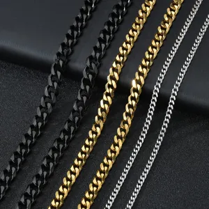 Polished Cuban link chains in gold, silver, and black steel with various widths