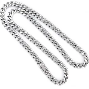 Detailed macro view of silver stainless steel flat Cuban link chain with a polished finish