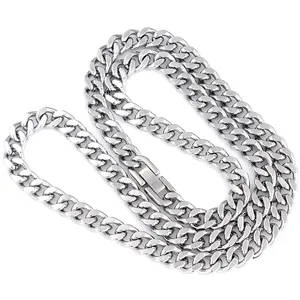 Classic silver stainless steel cuban link chain necklace with polished mirror finish