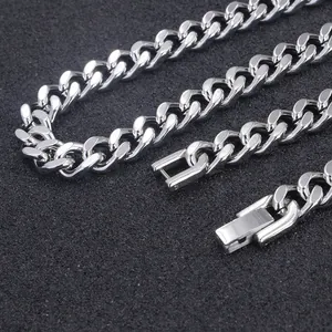 Detailed close-up of a silver stainless steel flat Cuban link chain with box clasp