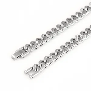 Polished silver stainless steel Cuban link chain necklace with a secure folding clasp