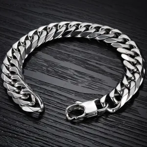 Polished silver stainless steel Cuban link bracelet for men with lobster clasp closure